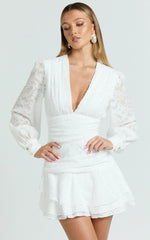 Bijou Mini Dress - Embroidery Long Sleeve Dress in White
