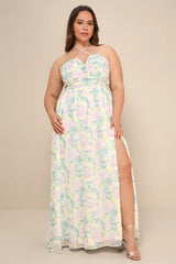 Effortlessly Abloom Green Multi Floral Ruched Halter Maxi Dress