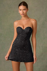 Embellished Sweetheart-Neck A-Line Mini Dress in Black