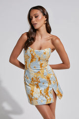 Brailey Mini Dress Strapless Dress in Blue Jacquard