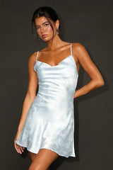 Close to Your Heart Dusty Blue Satin Jacquard Cowl Slip Dress