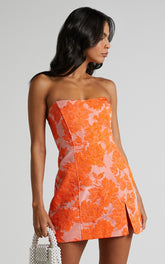 Brailey Mini Dress Strapless Dress in Orange Jacquard