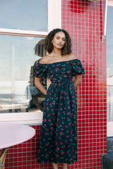 Chlo Puff Sleeve Midi Dress - Cherry Print