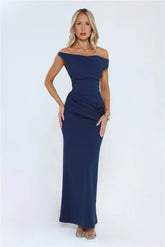 Caught In The Spotlight Off Shoulder Maxi Dress Navy