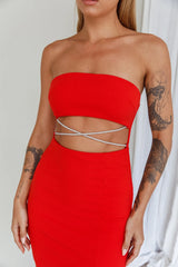 Nohemi Strapless Diamante Midi Dress Red