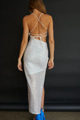 Can't Hardly Wait Cut-Out Midi Dress Sequin White