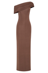 Cassandra Off Shoulder Slinky Maxi Dress - Chocolate