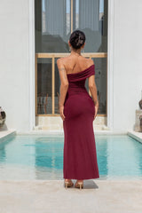 Dahlia One Shoulder Mesh Maxi Dress Maroon