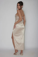 Yadira Sequin Bodice Satin Midi Dress Nude