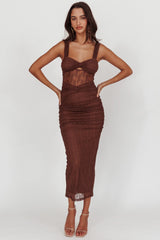 Oliana Embroidered Mesh Midi Dress Chocolate