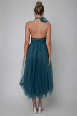 Andria Halterneck Tulle Midi Dress Teal