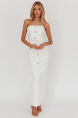 She Is Button Front Strapless Maxi Dress White