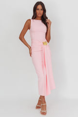 Zimora Gold Buckle Waist Drape Maxi Dress Pink