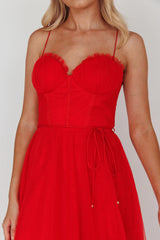 Smitten Sweetheart Neckline Chiffon Midi Dress Red