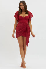 Aphrodite Molded Bust Angel Sleeve Wrap Dress Embroidered Red