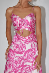 Twin Flame Drawstring Bust Midi Dress Floral Pink