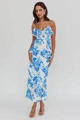 Silvana Frill Trim Maxi Dress Floral Blue
