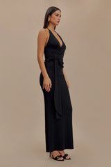 Tyla Draped Slinky Halter Maxi Dress - Black