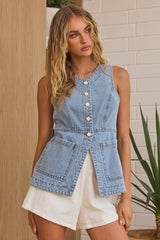 Philomena Button Front Vest Top Light Denim