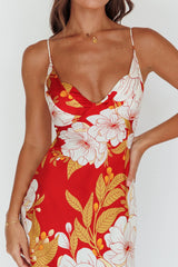 Infinity Pintuck Bust Midi Dress Flower Red