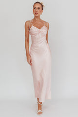Slow Burn Tied Shoulders Satin Maxi Dress Pink