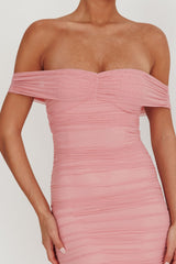 La Salle Off Shoulder Mesh Maxi Dress Pink