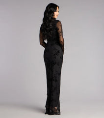 Irene Flocked Ruffle Slit Formal Dress