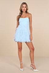 Delightful Beauty Light Blue Mesh Strapless Ruffled Mini Dress