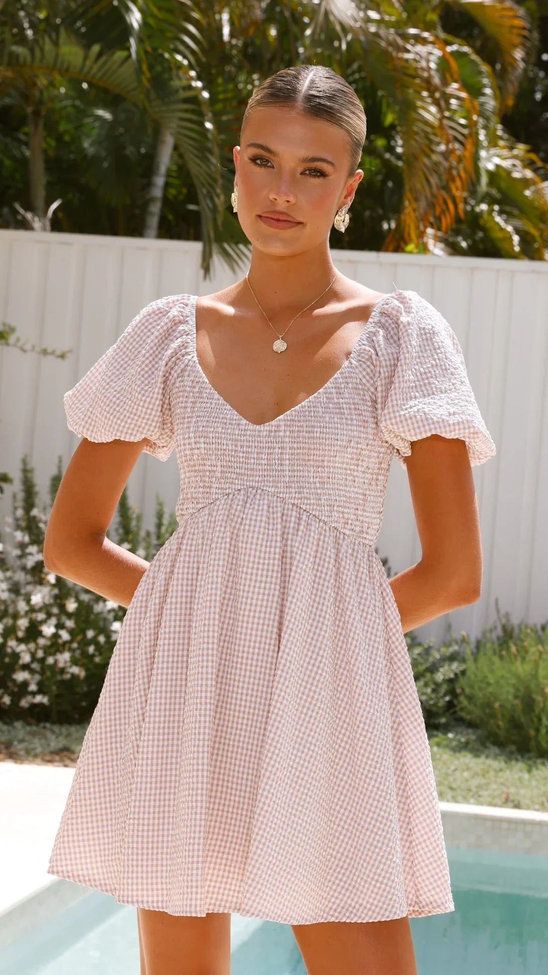 Sahirah Mini Dress - Beige / White Gingham