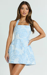 Gabbie Mini Dress - Jacquard Halter Fit And Flare Dress in Blue