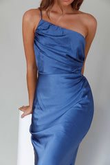 Taking Bets One Shoulder Satin Midi Dress Navy