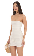 Strapless Ruched Bodycon Dress in Ivory