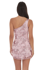 Floral Sequin One Shoulder Dress in Pink