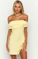 Primrose Yellow Satin Off the Shoulder Mini Dress