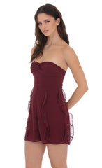 Chiffon Rosette Ruffle Dress in Burgundy