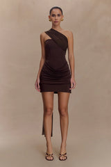 Mattea Slinky And Mesh Mini Dress With Scarf - Dark Chocolate