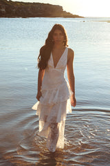 Veda Strappy Back Ruffle Chiffon Maxi Dress White