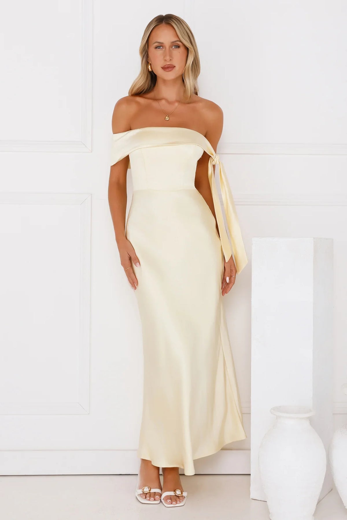 The Hype Off Shoulder Satin Midi Dress Yellow