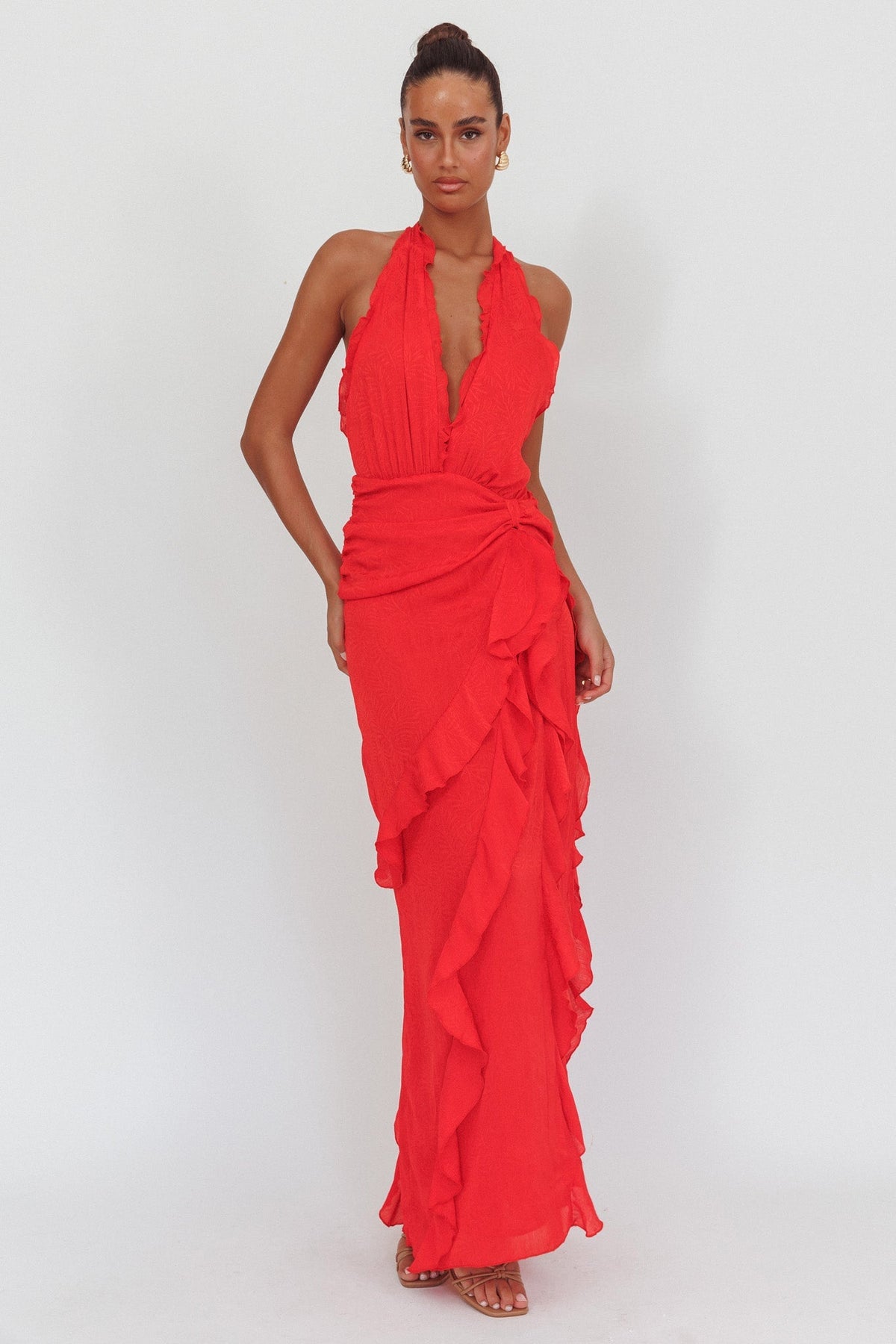 Libre Plunging Halter Ruffle Maxi Dress Red