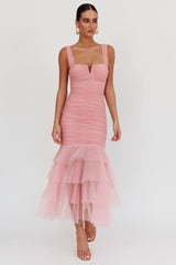 Nadia Tulle Hem Ruched Maxi Dress Pink