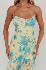 Chances Rosette Ruffle Midi Dress Floral Lemon