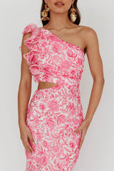Deanna One-Shoulder Ruffle Midi Dress Floral Pink