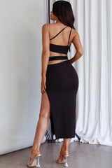 Raye Cut-Out Waist Rhinestone Midi Dress Black