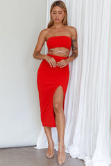 Nohemi Strapless Diamante Midi Dress Red