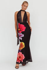 Italia Azure Halterneck Maxi Dress Flowers Black