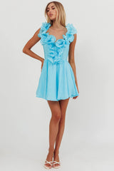 Nivaya Ruffle Neckline Mini Dress Ocean