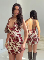 Salome Halter Cowl Neck Mini Dress Red Multi