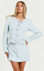 Olympia Jacket - Boucle Scoop Neck Button Down Long Sleeve Jacket in Pale Blue