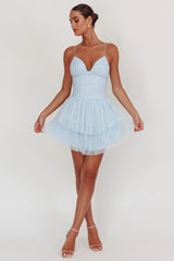 Nightingale Ruched Mesh Mini Dress Baby Blue