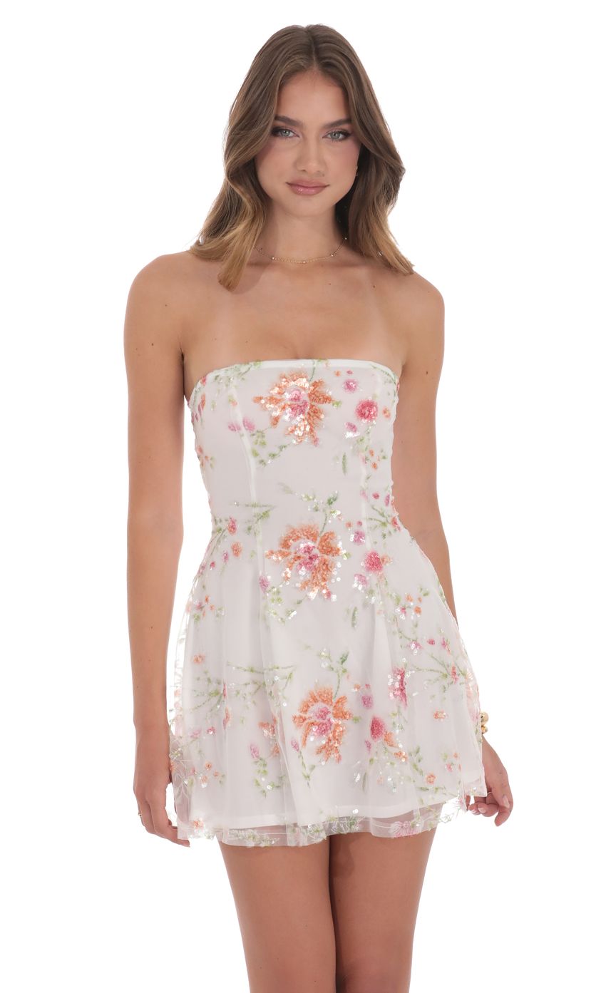 Sequin Floral Strapless Dress in White